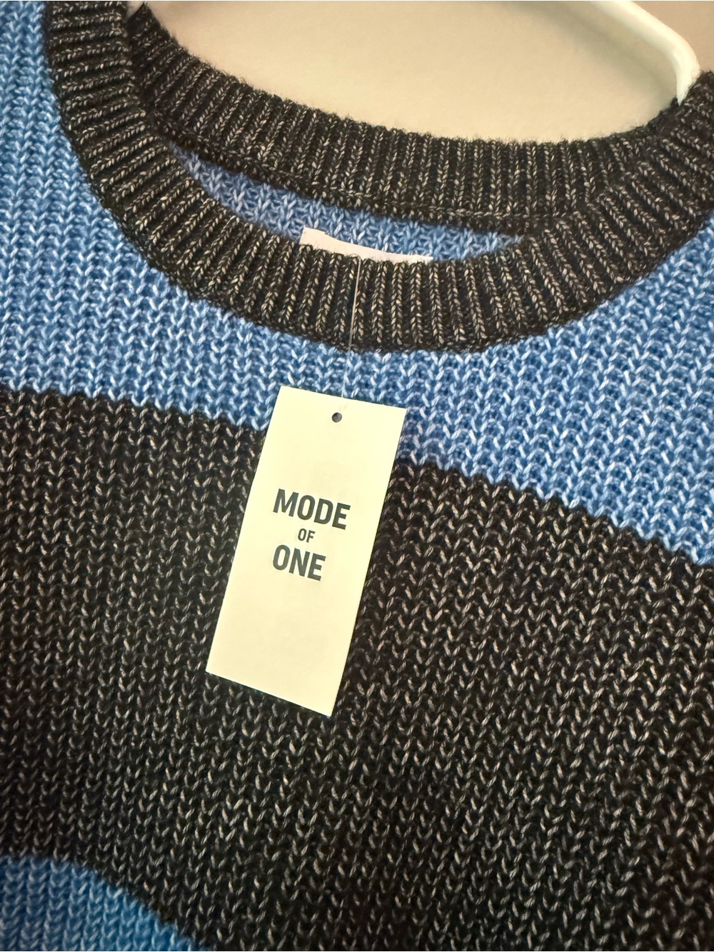 Men's Striped Crewneck Sweater in Blue, Black & Cream - Picture 2 of 4